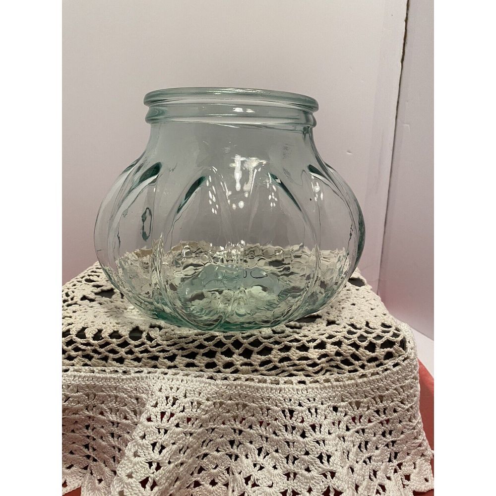 Vintage Light‎ Green Glass Pumpkin Shaped Jar. Made In Italy 8x8x7.  5" Opening